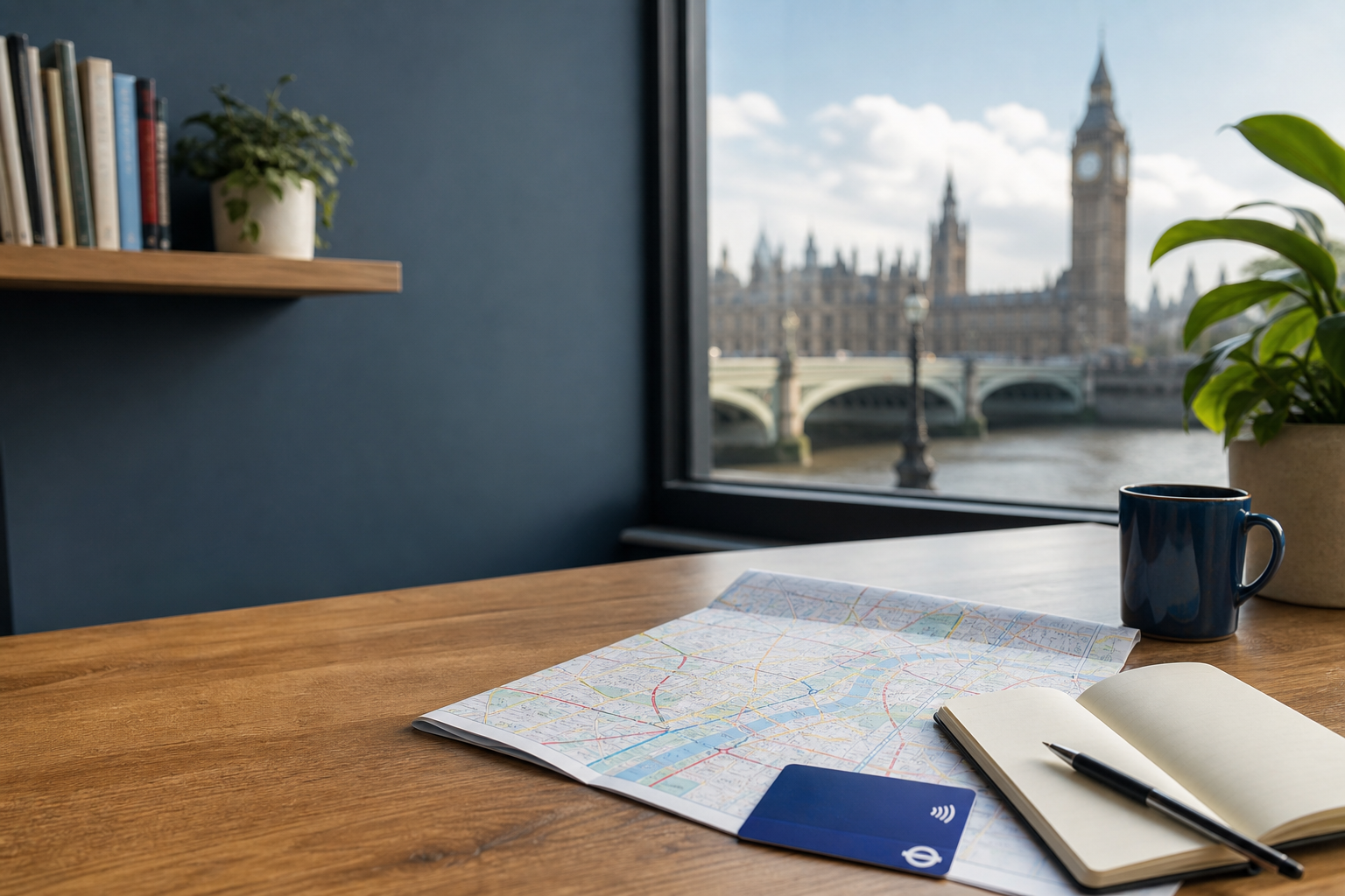 London trip planning desk with map and notebook